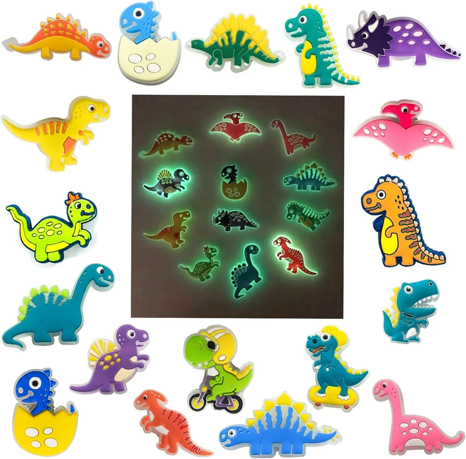 18 Pcs Glow In The Dark Dinosaur Shoe Charms, Dino Shoe Charm for Adults Kawaii Cartoon Dino Cute Accessories Pins