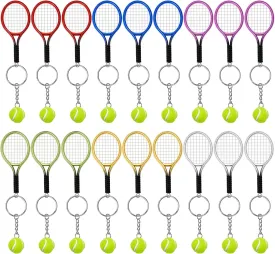 AUHOKY 18Pcs Mini Tennis Racket Keychain Key Ring, Fashionable Alloy Tennis Ball Split Ring, Sport Style Split Keychain for Sport Lovers Team - Exquisite & Lightweight(6 Colors)