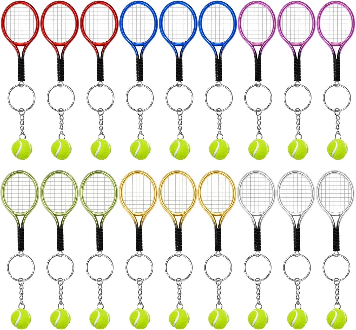 AUHOKY 18Pcs Mini Tennis Racket Keychain Key Ring, Fashionable Alloy Tennis Ball Split Ring, Sport Style Split Keychain for Sport Lovers Team - Exquisite & Lightweight(6 Colors)