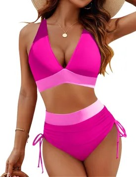 Blooming Jelly Women High Waisted Bikini Sets Tummy Control Swimsuits Color Block Two Piece Drawstring Bathing Suit