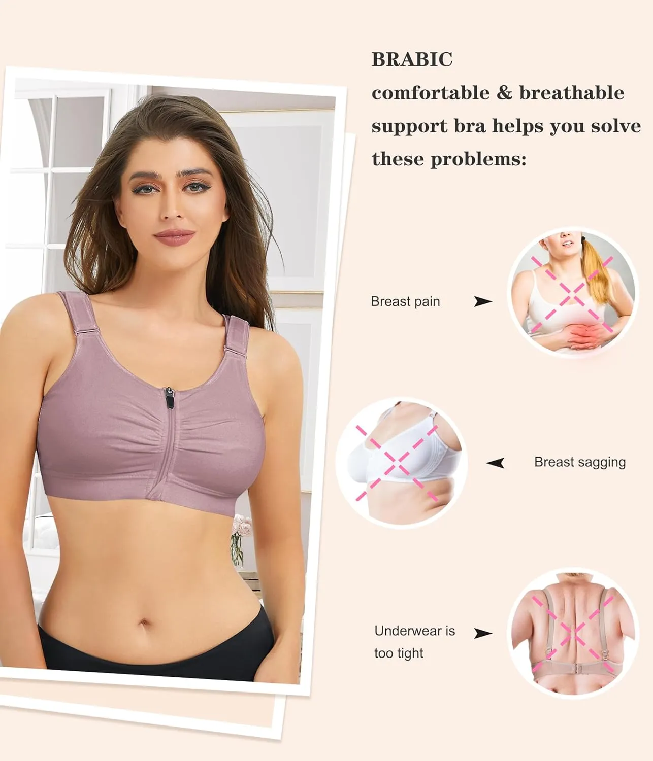 BRABIC Zip Front Closure Everyday Bra for Women Post Surgery Compression Support with Adjustable Straps Wirefree
