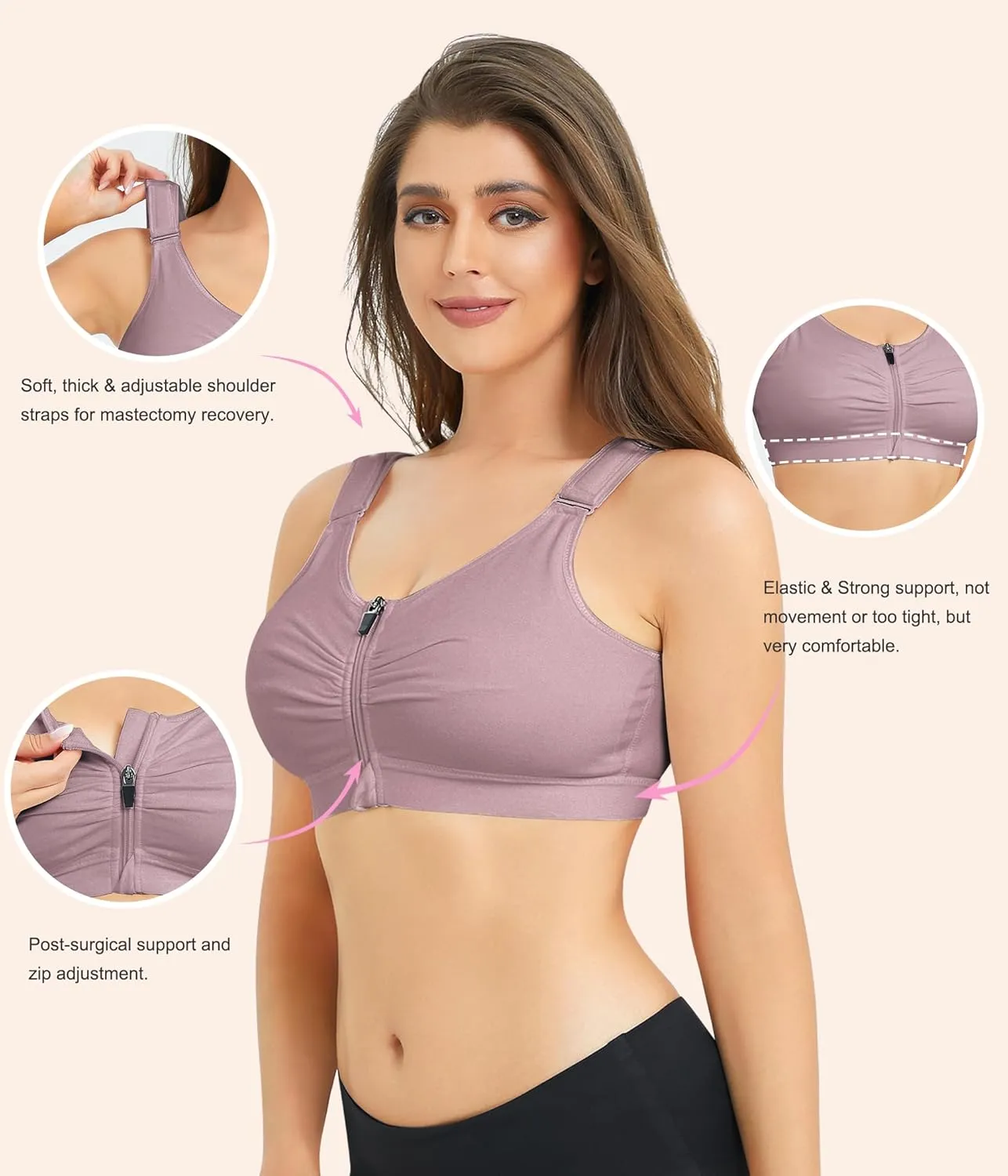 BRABIC Zip Front Closure Everyday Bra for Women Post Surgery Compression Support with Adjustable Straps Wirefree