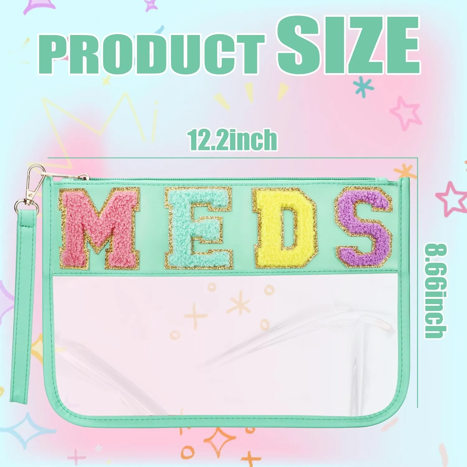 Chenille Letter Clear Medicine Bags, Makeup Meds Bags, Preppy Patch Cosmetic Bag with Zipper and Wristlet, Waterproof PU&PVC Toiletry Medicine Storage Case, Portable Travel Drugs Pills Pouch