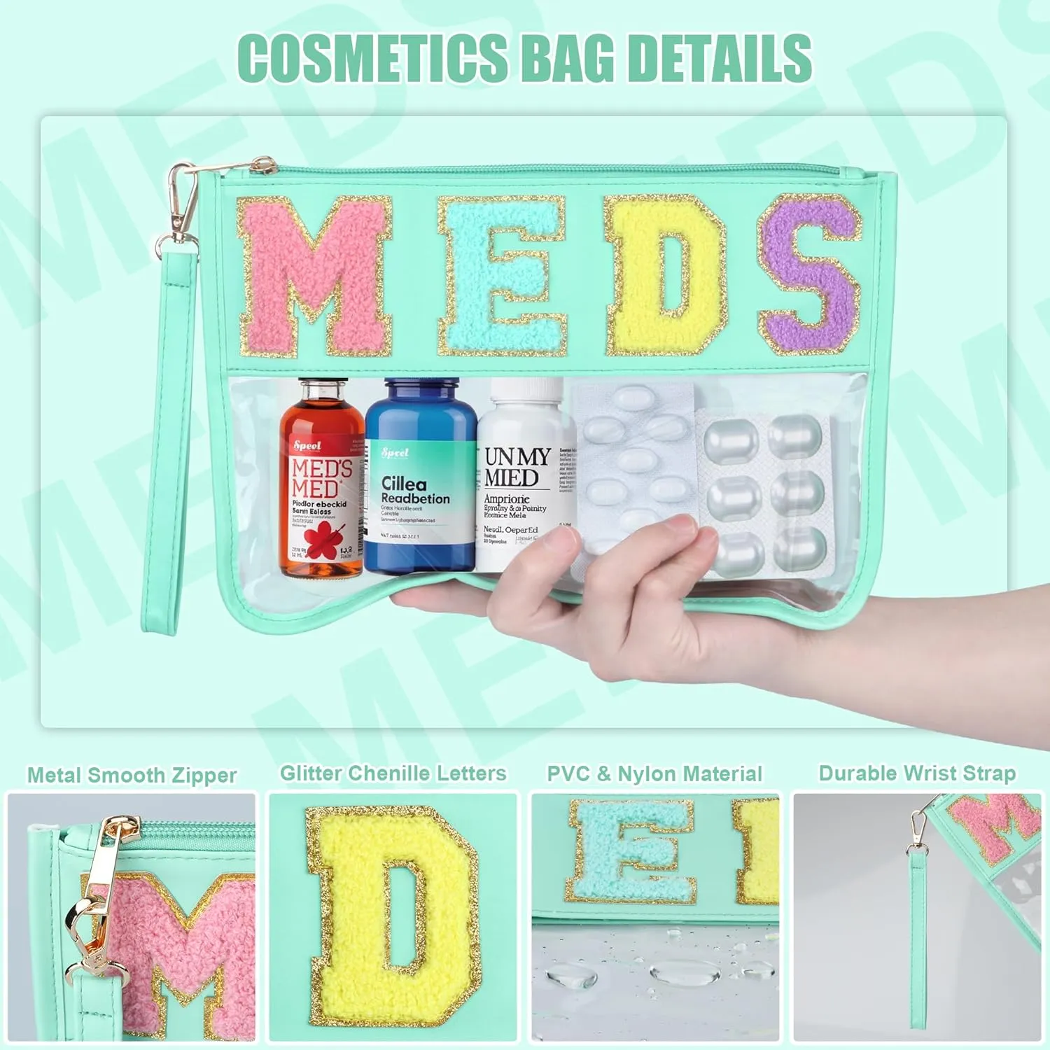 Chenille Letter Clear Medicine Bags, Makeup Meds Bags, Preppy Patch Cosmetic Bag with Zipper and Wristlet, Waterproof PU&PVC Toiletry Medicine Storage Case, Portable Travel Drugs Pills Pouch