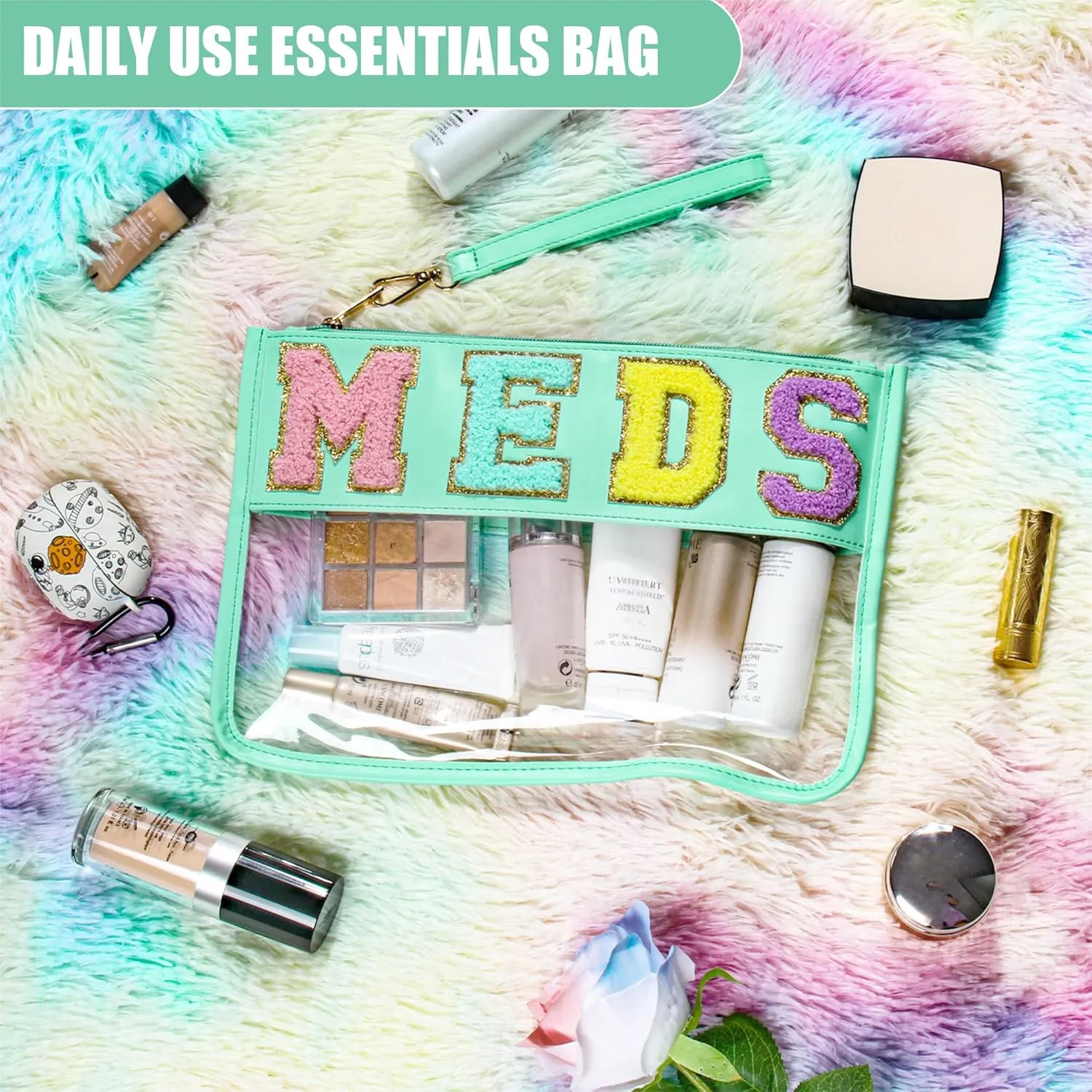 Chenille Letter Clear Medicine Bags, Makeup Meds Bags, Preppy Patch Cosmetic Bag with Zipper and Wristlet, Waterproof PU&PVC Toiletry Medicine Storage Case, Portable Travel Drugs Pills Pouch