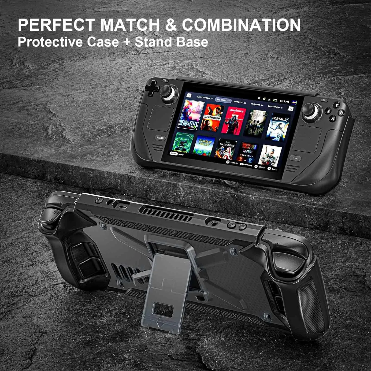 Dteck Kickstand Case for Steam Deck, Shockproof Non-Slip Anti-Scratch Full Body Protective Cover Shock-Absorption Protector with Stand Shoulder Strap Accessories Skin Compatible with Steam Deck, Black