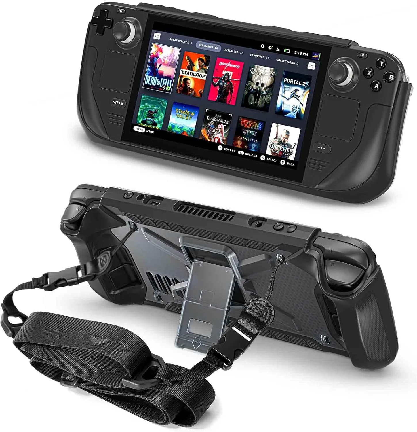 Dteck Kickstand Case for Steam Deck, Shockproof Non-Slip Anti-Scratch Full Body Protective Cover Shock-Absorption Protector with Stand Shoulder Strap Accessories Skin Compatible with Steam Deck, Black