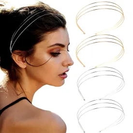 Elegant 4 Pack Gold Metal Thin Hairbands. Elastic Hair Bands for Teens & Women Ideal For Parties And Special Occasions (2 golden and 2 silver(Three rows of metal))