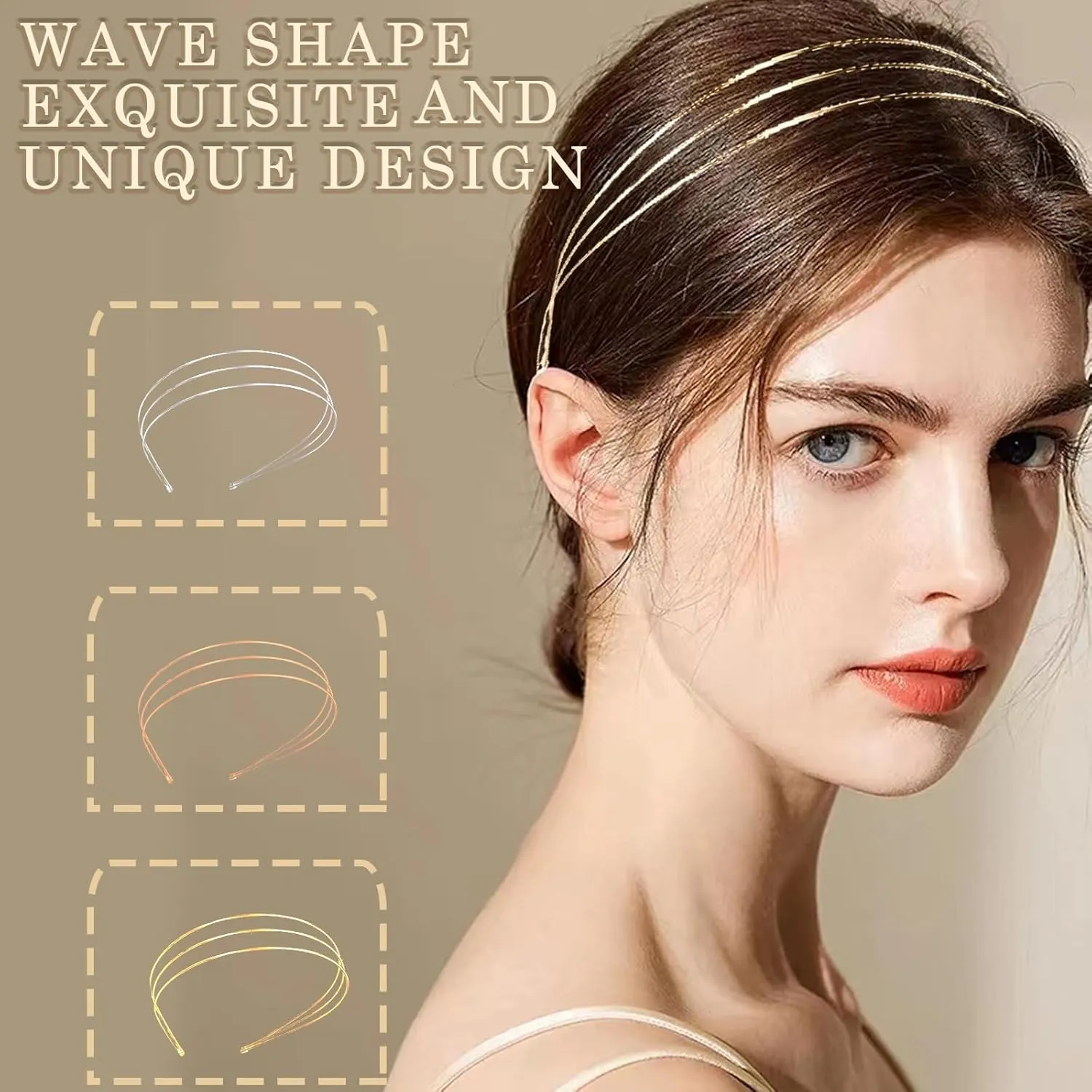 Elegant 4 Pack Gold Metal Thin Hairbands. Elastic Hair Bands for Teens & Women Ideal For Parties And Special Occasions (2 golden and 2 silver(Three rows of metal))