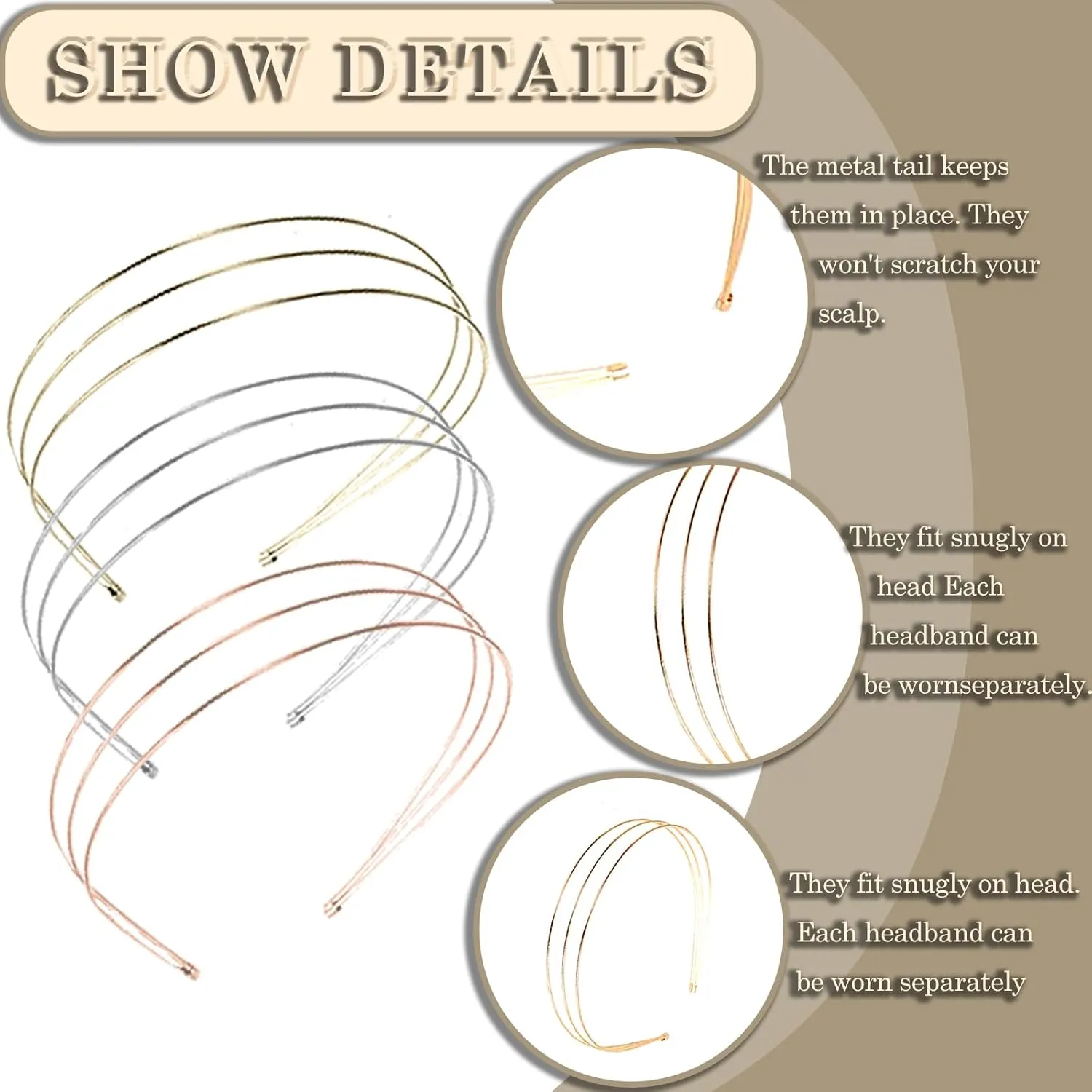 Elegant 4 Pack Gold Metal Thin Hairbands. Elastic Hair Bands for Teens & Women Ideal For Parties And Special Occasions (2 golden and 2 silver(Three rows of metal))