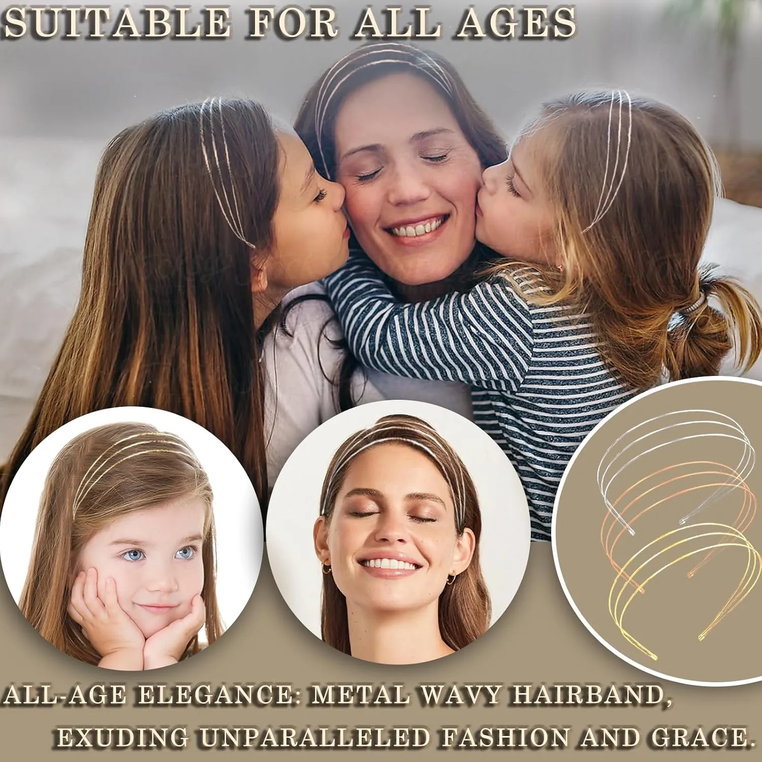 Elegant 4 Pack Gold Metal Thin Hairbands. Elastic Hair Bands for Teens & Women Ideal For Parties And Special Occasions (2 golden and 2 silver(Three rows of metal))