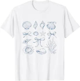 Elegant Seashell and Starfish Art Beach Lovers Bow Ocean T-Shirt