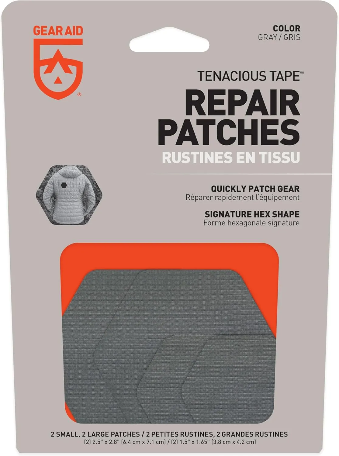 GEAR AID Tenacious Tape Hex 2.5 and 1.5 Repair Patches, Peel-and-Stick to Fix Holes and Burns in Down Jackets, Rain Gear, Tents, Tarps and More