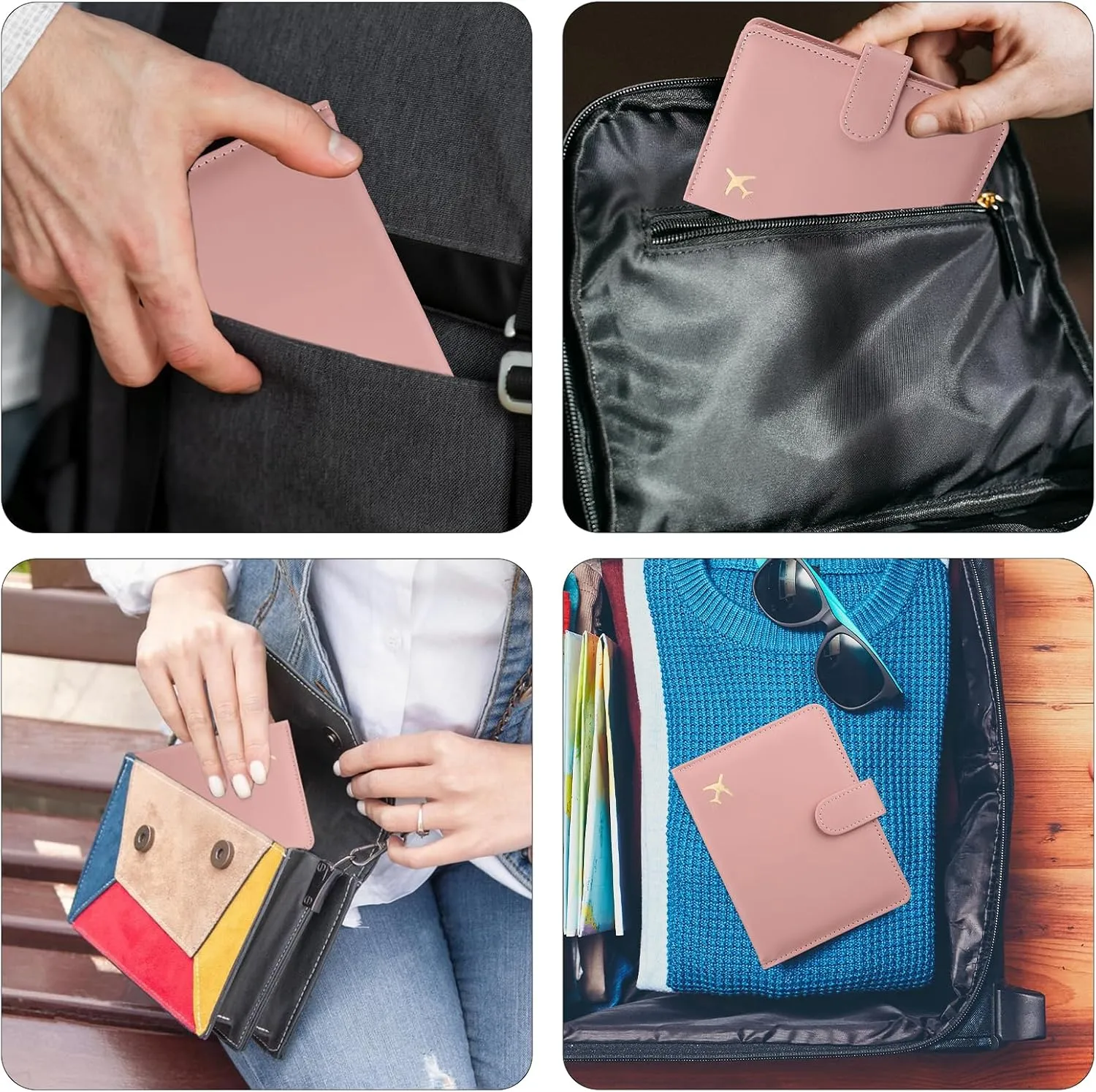 GOAUS Passport Holder for Travel with Airtag Card Slots, Money Pocket, Women Men RFID Blocking Wallet Book Case Pink