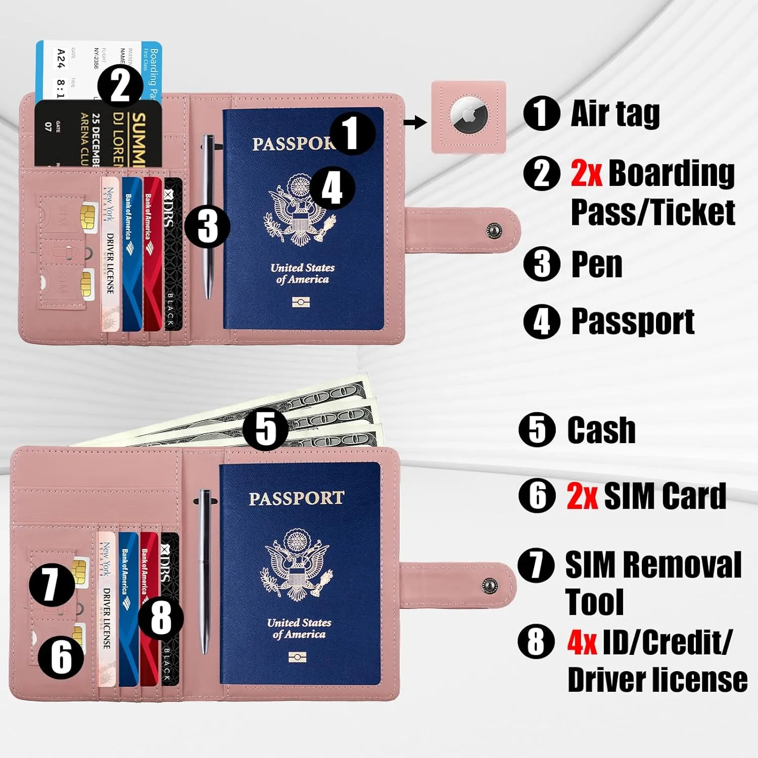 GOAUS Passport Holder for Travel with Airtag Card Slots, Money Pocket, Women Men RFID Blocking Wallet Book Case Pink