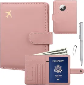 GOAUS Passport Holder for Travel with Airtag Card Slots, Money Pocket, Women Men RFID Blocking Wallet Book Case Pink