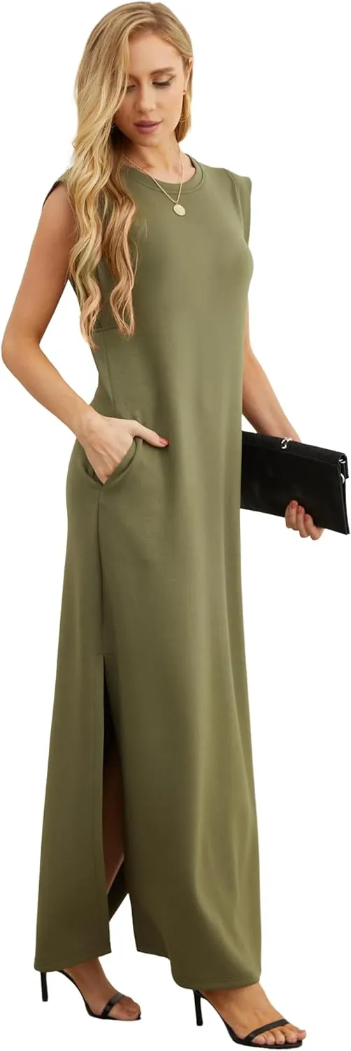 GRECERELLE 2025 Women Year-Round Casual Round Neck Loose Split Wrinkle-Free Long Maxi Vacation Dress with Pockets (XS-3XL)