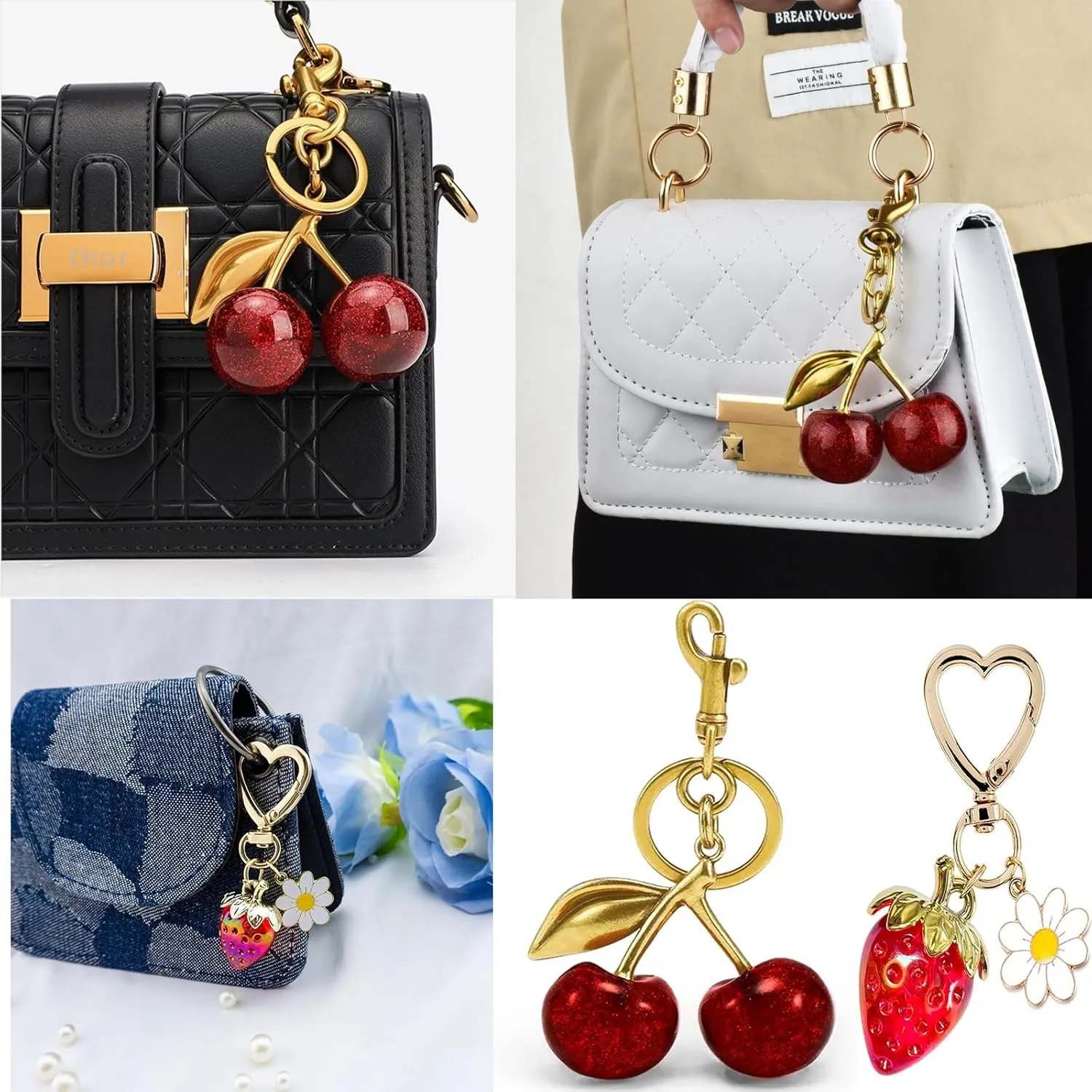 Keychain Cherry Bag Charms Purse Cute Strawberry Key Chains for Car Keyrings Handbags Decor for Women Girls Gifts