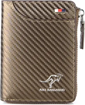 Men Wallet Zipper Genuine Leather Purs, Aiks Kangaroo Wallets, PU Stylish Soft Simple Design RFID Protected Wallet (Fiber Gold)
