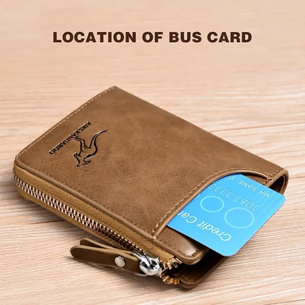 Men Wallet Zipper Genuine Leather Purs, Aiks Kangaroo Wallets, PU Stylish Soft Simple Design RFID Protected Wallet (Fiber Gold)