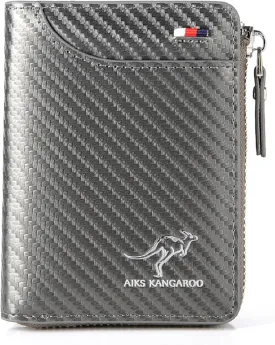 Men Wallet Zipper Genuine Leather Purs, Aiks Kangaroo Wallets, PU Stylish Soft Simple Design RFID Protected Wallet (Fiber Gray)