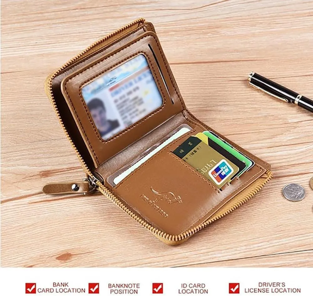 Men Wallet Zipper Genuine Leather Purs, Aiks Kangaroo Wallets, PU Stylish Soft Simple Design RFID Protected Wallet (Fiber Gray)