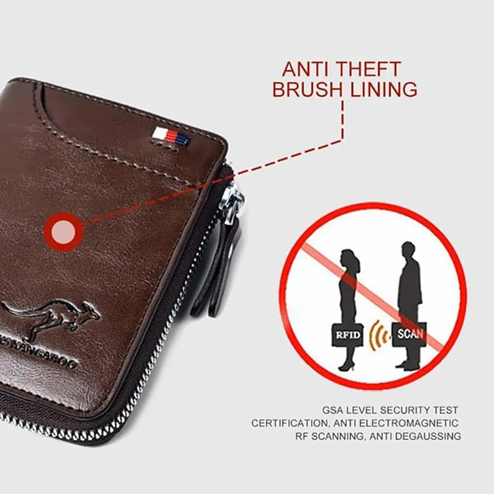 Men Wallet Zipper Genuine Leather Purs, Aiks Kangaroo Wallets, PU Stylish Soft Simple Design RFID Protected Wallet (Retro Brown)
