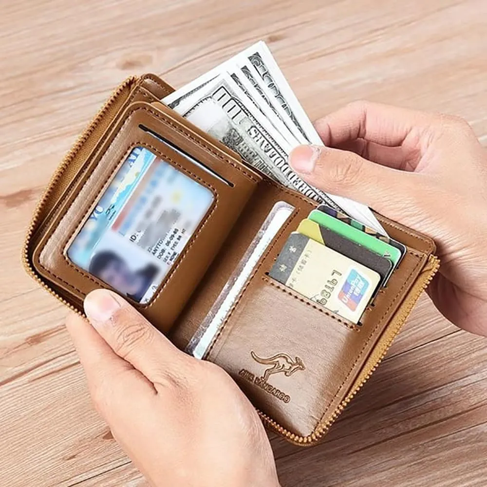 Men Wallet Zipper Genuine Leather Purs, Aiks Kangaroo Wallets, PU Stylish Soft Simple Design RFID Protected Wallet (Retro Brown)