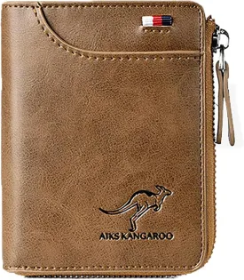 Men Wallet Zipper Genuine Leather Purs, Aiks Kangaroo Wallets, PU Stylish Soft Simple Design RFID Protected Wallet (Retro Brown)