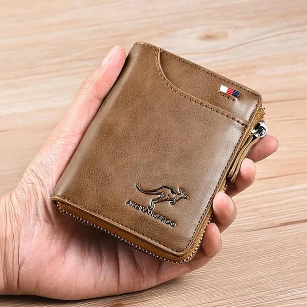 Men Wallet Zipper Genuine Leather Purs, Aiks Kangaroo Wallets, PU Stylish Soft Simple Design RFID Protected Wallet (Retro Brown)