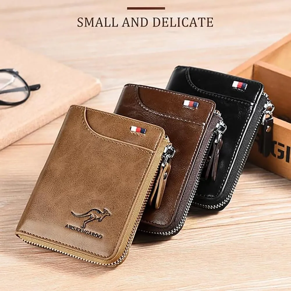 Men Wallet Zipper Genuine Leather Purs, Aiks Kangaroo Wallets, PU Stylish Soft Simple Design RFID Protected Wallet (Retro Brown)