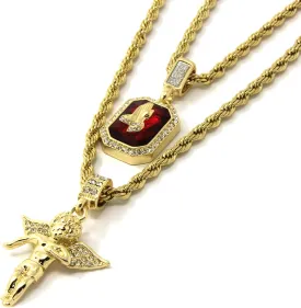 Mens Gold Angel & P Ruby Bundle Set Cz Pendant Hip Hop 24" & 30" Rope Chain D463