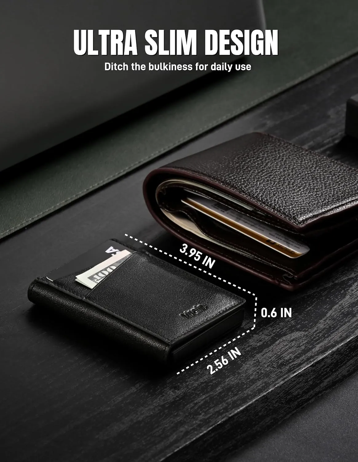 Men's Slim Premium Leather Wallet with ID Window Pop Up Card Holder RFID Blocking Metal Wallet with Push Button Minimalist Design for Credit Card Holder Magnetic Closure (Black)