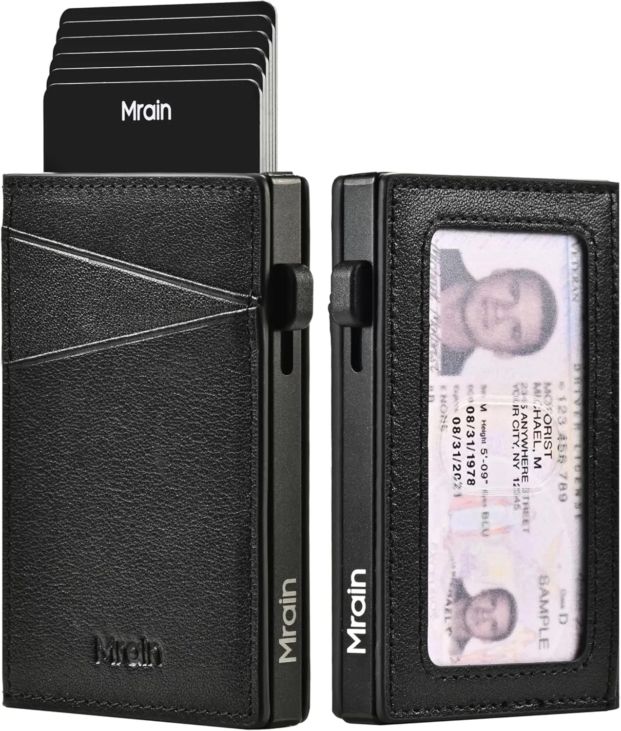 Men's Slim Premium Leather Wallet with ID Window Pop Up Card Holder RFID Blocking Metal Wallet with Push Button Minimalist Design for Credit Card Holder Magnetic Closure (Black)