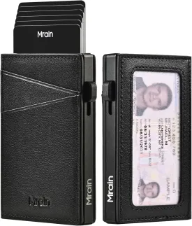 Men's Slim Premium Leather Wallet with ID Window Pop Up Card Holder RFID Blocking Metal Wallet with Push Button Minimalist Design for Credit Card Holder Magnetic Closure (Black)