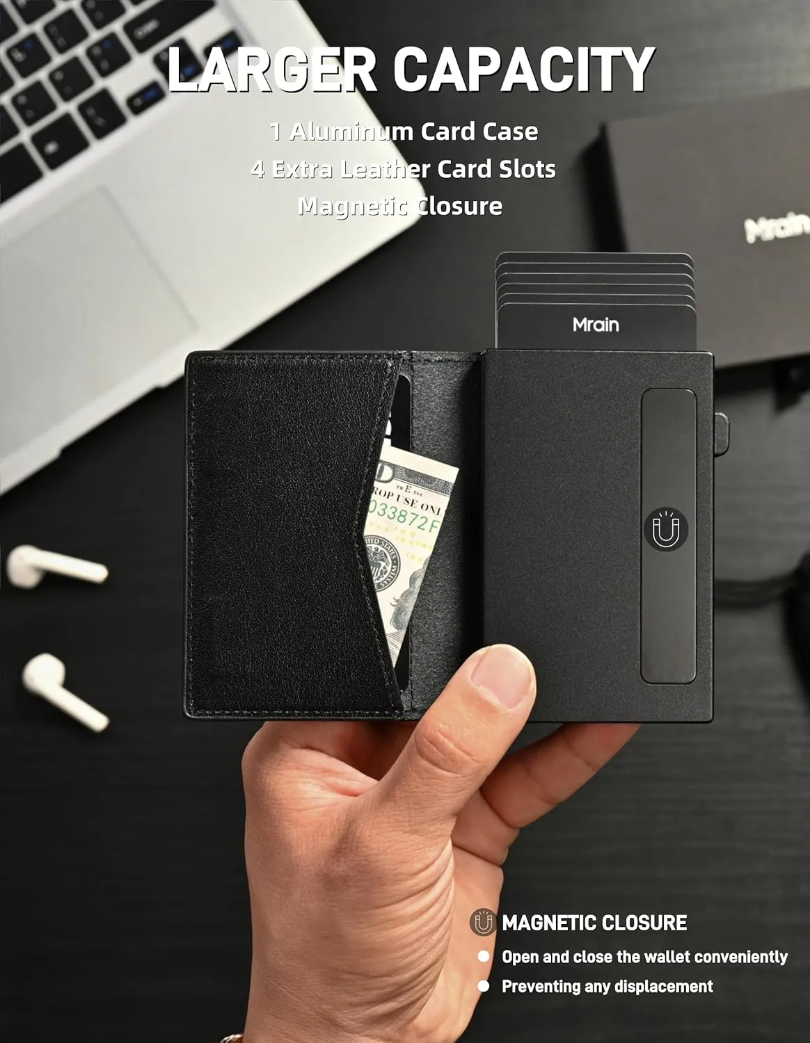 Men's Slim Premium Leather Wallet with ID Window Pop Up Card Holder RFID Blocking Metal Wallet with Push Button Minimalist Design for Credit Card Holder Magnetic Closure (Black)