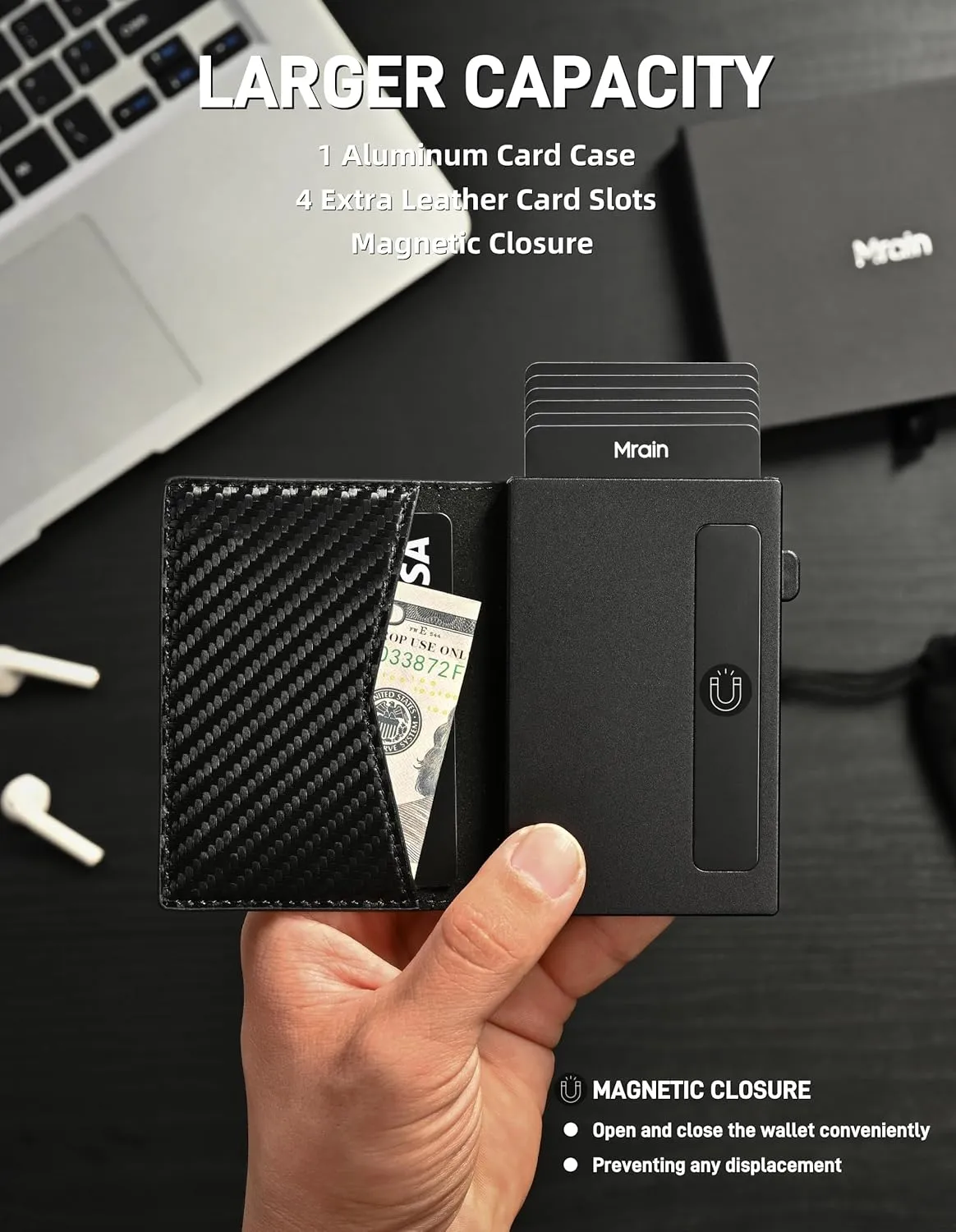 Men's Slim Wallet Pop Up Card Holder RFID Blocking Metal Wallet with Push Button Minimalist Design for Credit Card Holder Magnetic Closure (Carbon Black)