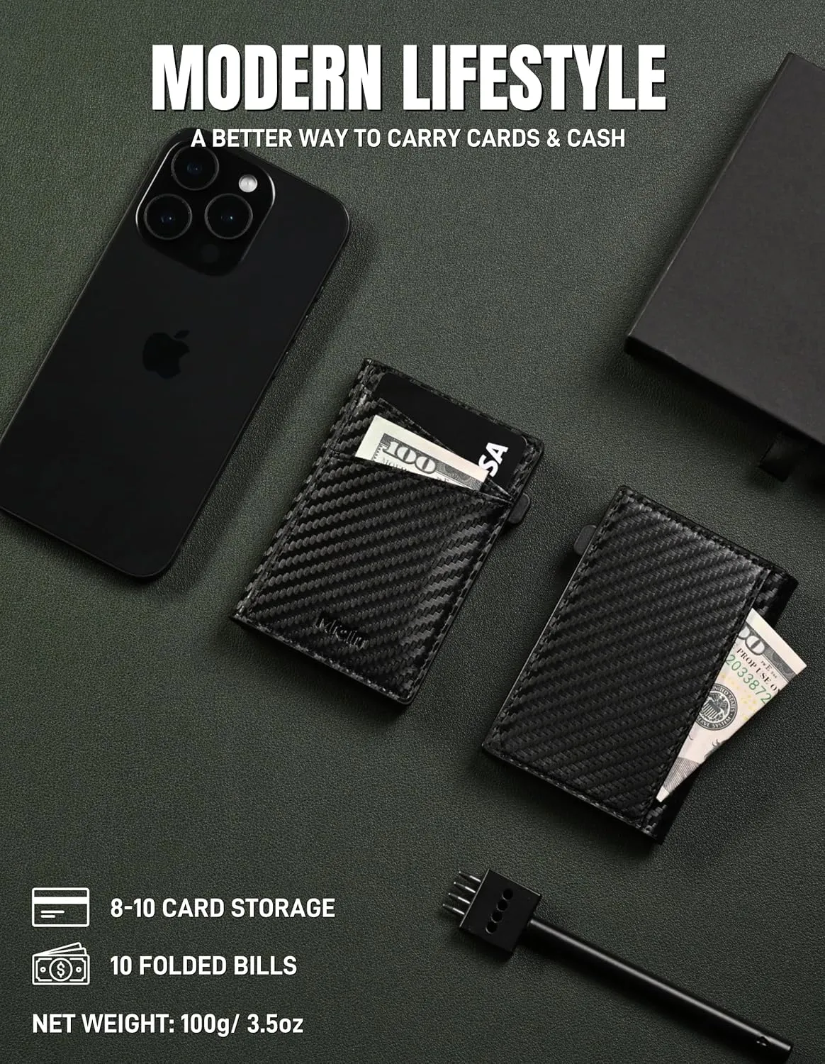 Men's Slim Wallet Pop Up Card Holder RFID Blocking Metal Wallet with Push Button Minimalist Design for Credit Card Holder Magnetic Closure (Carbon Black)