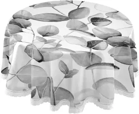 Oyihfvs Seamless Branches with Grey Eucalyptus Leaves on White Round Lace Tablecloth, Washable Circular Macrame Table Cloth Cover for Kitchen Dinner Party Tabletop Decor 60"x 60"