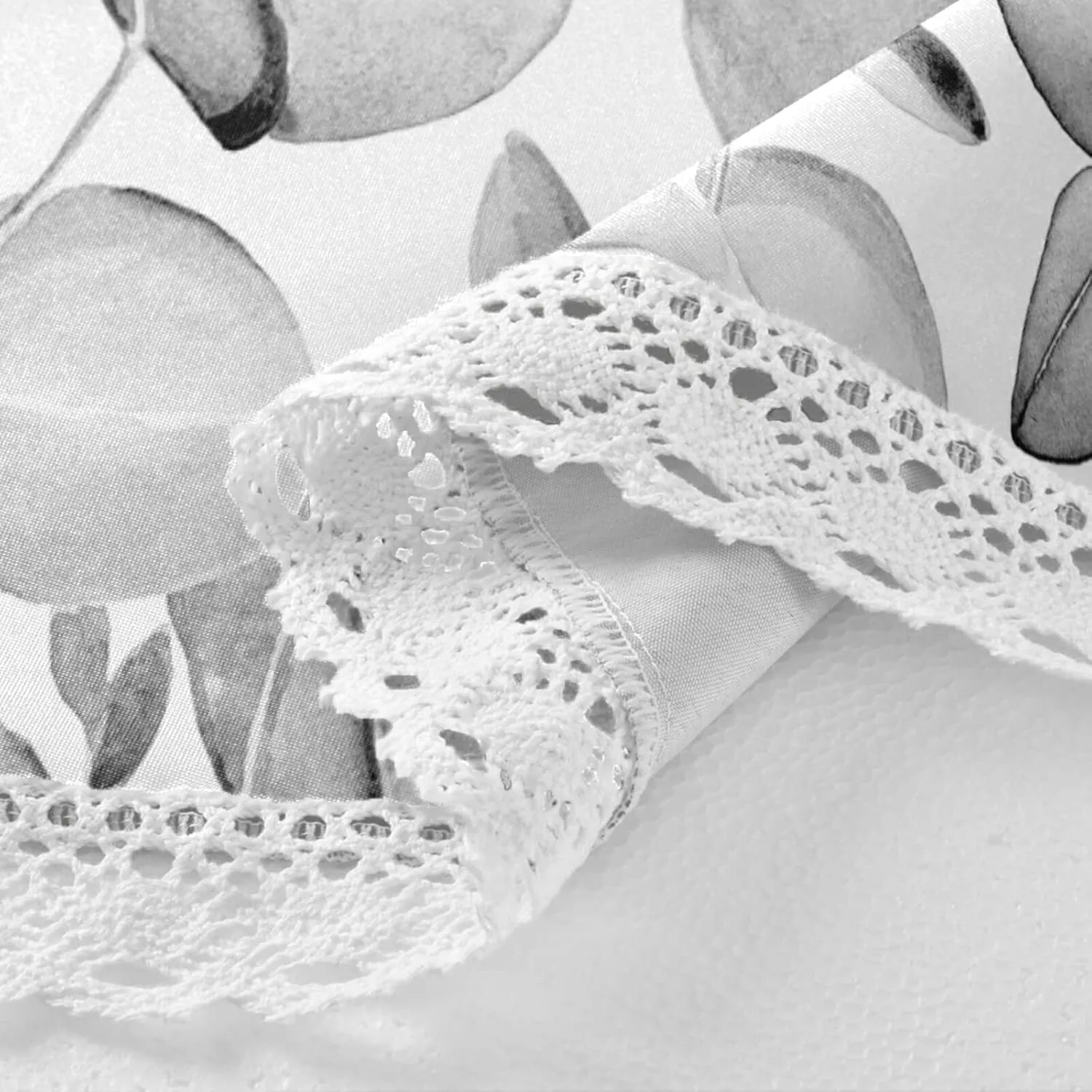 Oyihfvs Seamless Branches with Grey Eucalyptus Leaves on White Round Lace Tablecloth, Washable Circular Macrame Table Cloth Cover for Kitchen Dinner Party Tabletop Decor 60"x 60"