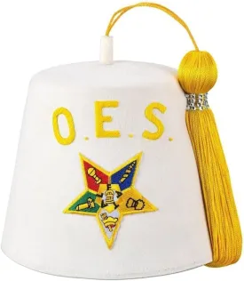 Premium OES White Fez Hat with Gold Tassel  Embroidered OES with Star Emblem, 100% Wool Felt