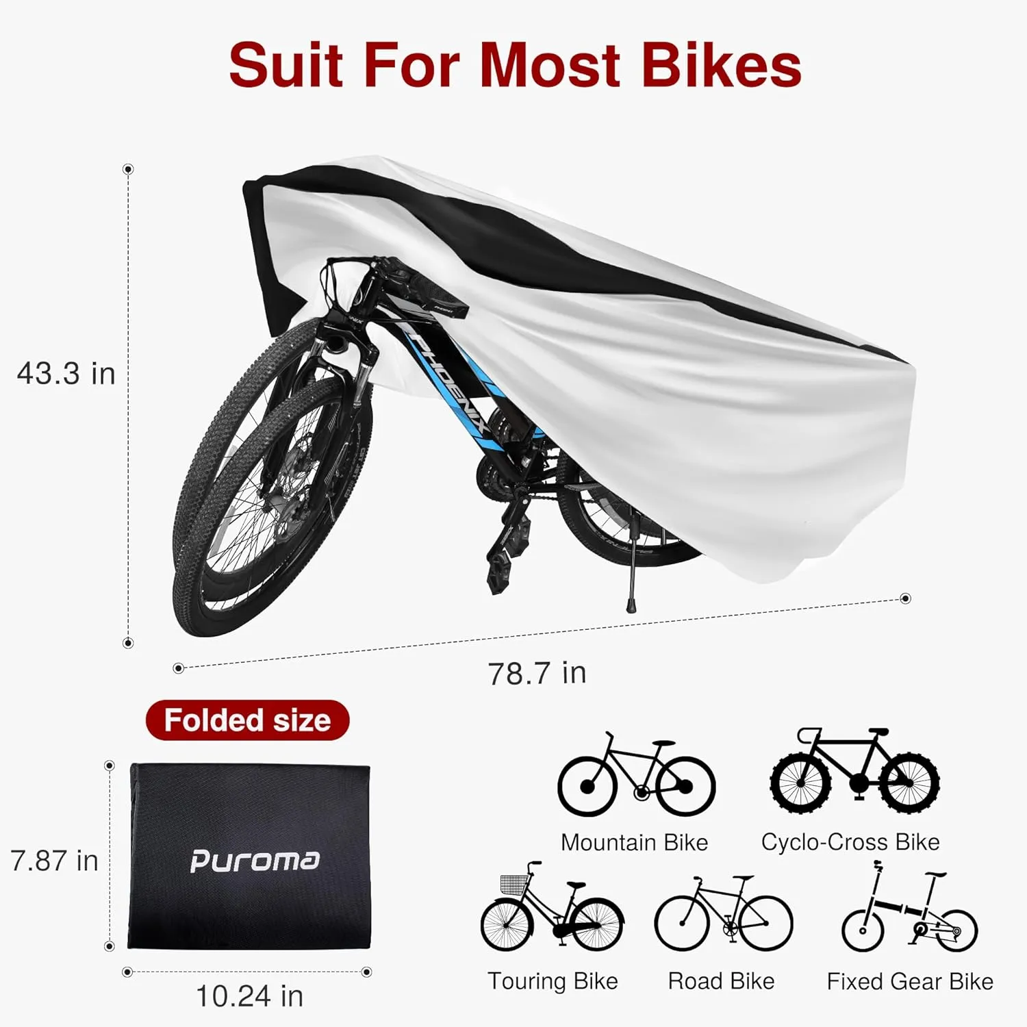 Puroma Bike Cover for 1 bike, 190T Outdoor Waterproof Bicycle Covers Rain Sun UV Dust Wind Proof with Lock Hole for Mountain Road Electric Bike (Silver & Black)