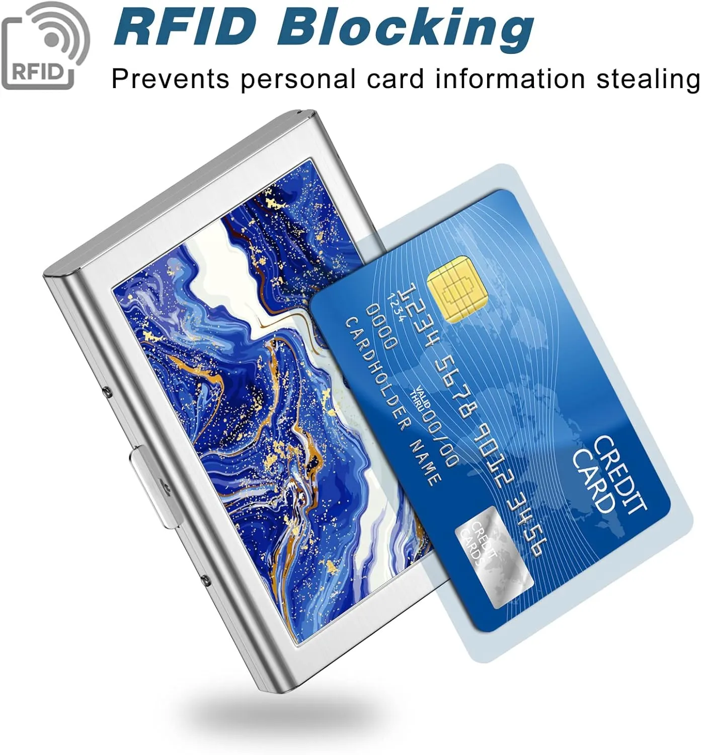 Rimilak Metal Credit Card Holder, Mini Credit Card Wallet RFID Blocking Slim Metal Hard Case for Women Men, Blue Gold Mable