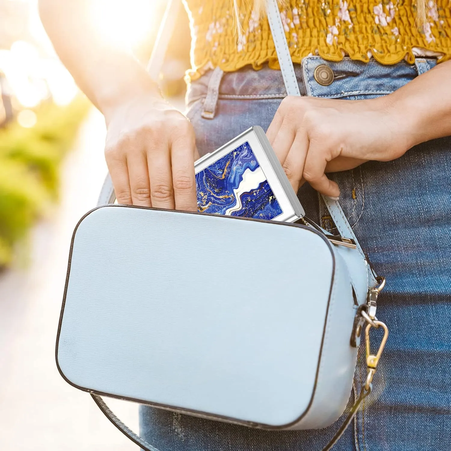Rimilak Metal Credit Card Holder, Mini Credit Card Wallet RFID Blocking Slim Metal Hard Case for Women Men, Blue Gold Mable