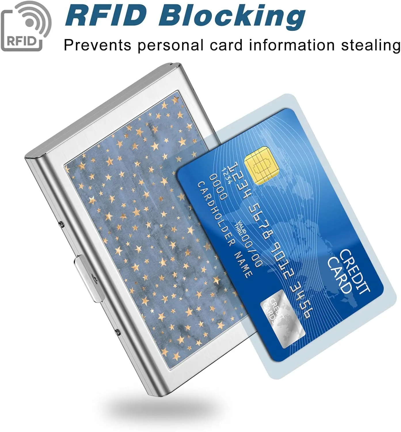 Rimilak Metal Credit Card Holder, Mini Credit Card Wallet RFID Blocking Slim Metal Hard Case for Women Men, Stars