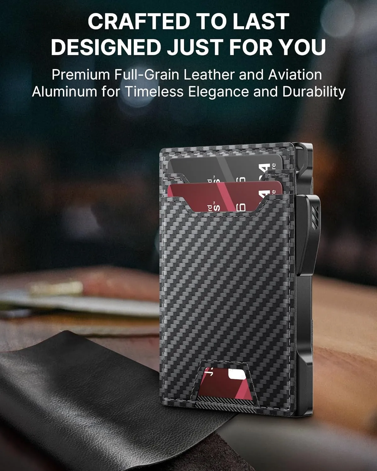 typecase Smart Wallet for Men: Metal Rfid Blocking Card Case, Ultra-Slim Bifold Wallet, Magnetic Card Holder, 9-13 Cards Capacitiy, Smart Popup Wallet for Men with Money Clip - Carbon Fiber