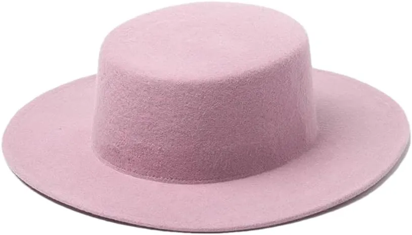 Wool Fedora Hats Women Round Flat Top Hat Wide Brim Solid Color Party Wedding Performance Cap