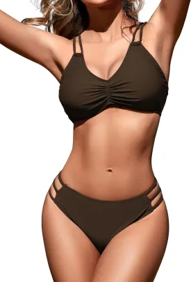 Zilcremo Women Two Piece Bikini Double Strap Swimsuits Hollow Out Bathing Suit Mid Waist Bikini Sets